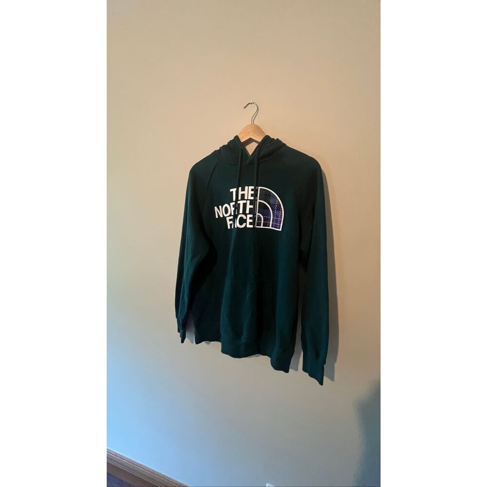 The North Face Women's Large Green Pullover Hoodie Plaid Logo Graphic Sweatshirt - Picture 3 of 7